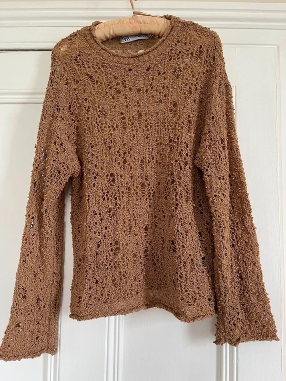 ZARA Brown Open-Knit Crewneck Sweater